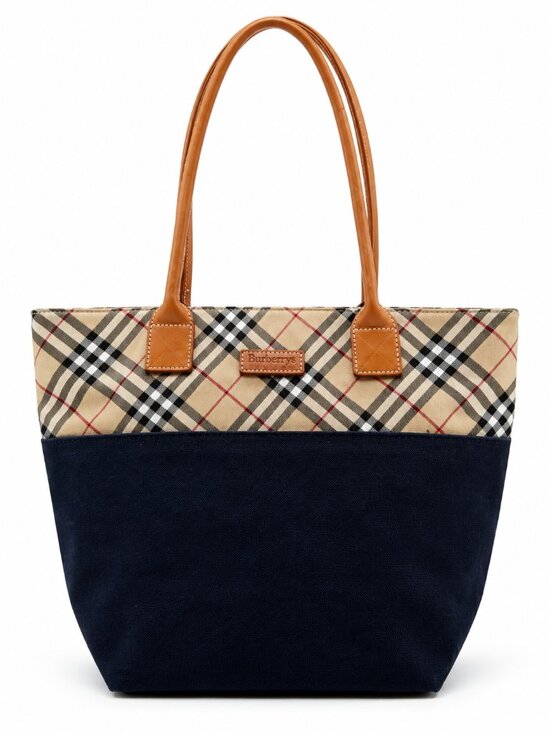 Burberry Handbags - Burberrys Vintage Nova Check Canvas Tote Shoulder Bag Navy Beige Leathe